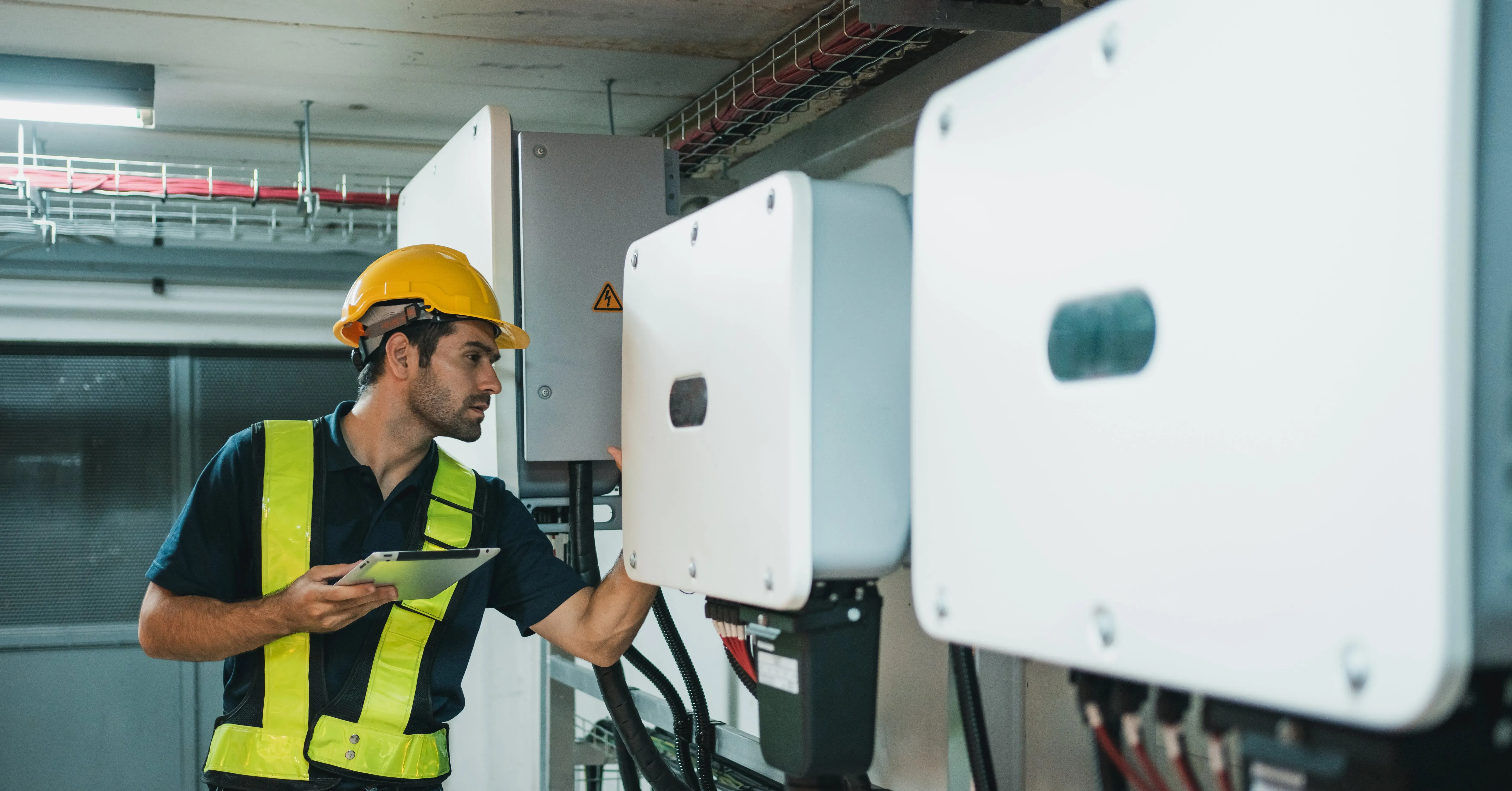Installateur en train de vérifier des batteries solaires à l'intérieur