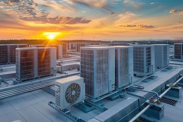 Unità HVAC sul tetto al tramonto con skyline della città.