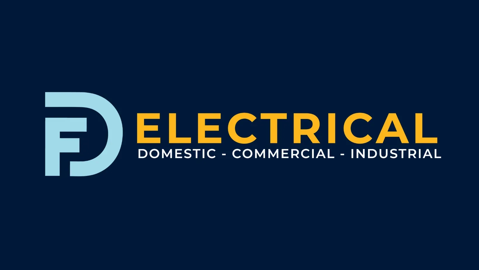 PD Electrical logo with light blue letters and yellow text on dark blue background.