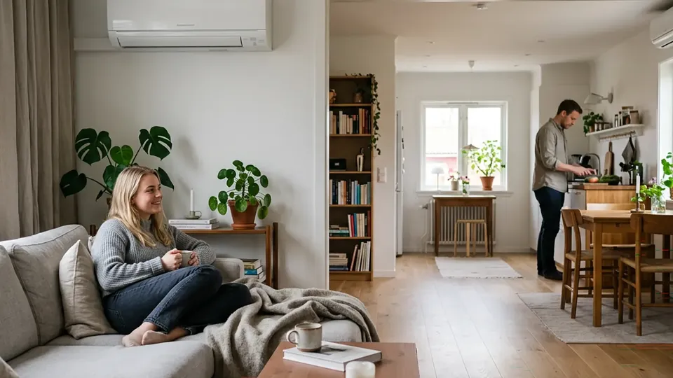 Kvinde sidder på sofa med kop, mens mand laver mad i køkkenet.