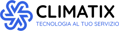 Logo geometrico blu accanto al testo CLIMATIX e allo slogan.