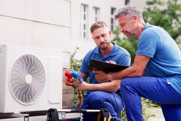 Due tecnici ispezionano un compressore esterno di un'unità di condizionamento.