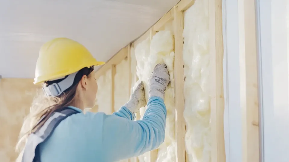 Ouvrière avec un casque posant de l'isolant entre les montants en bois d'un mur