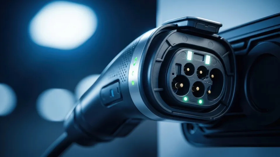 Connettore di ricarica per veicolo elettrico con contatti illuminati inserito nella porta dell'auto di notte.