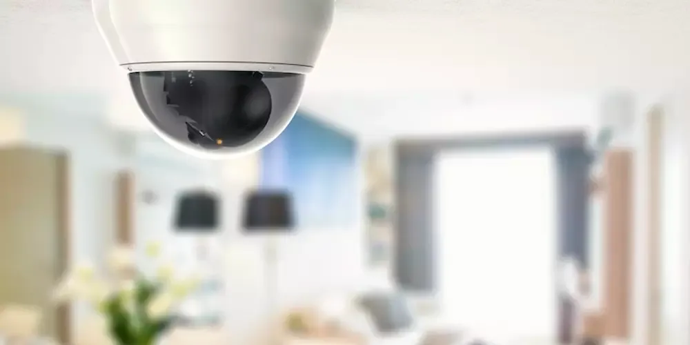 Dome-overvågningskamera monteret på loft over sløret indre rum.