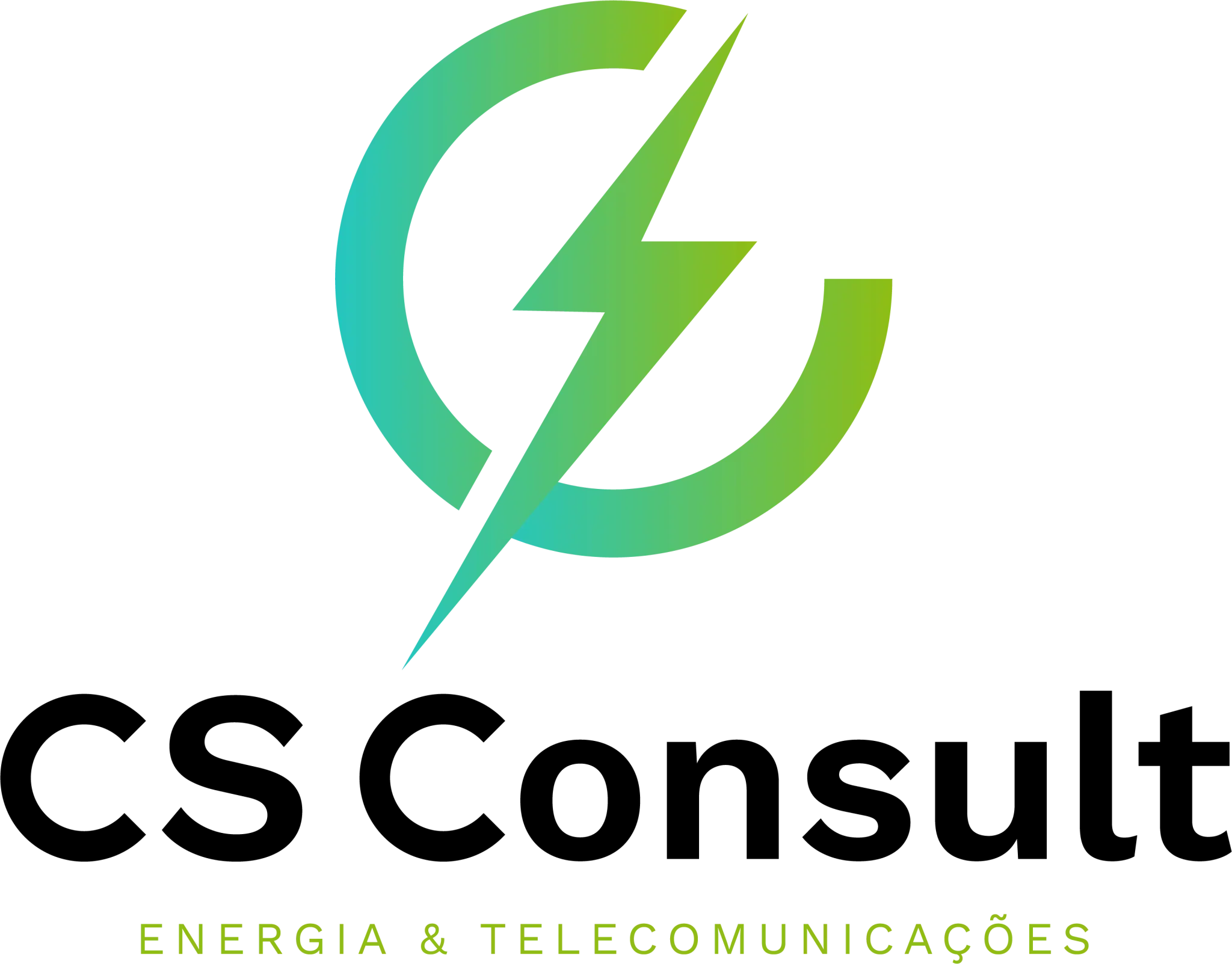 Logótipo CS Consult com raio e design circular em verde e azul-petróleo.