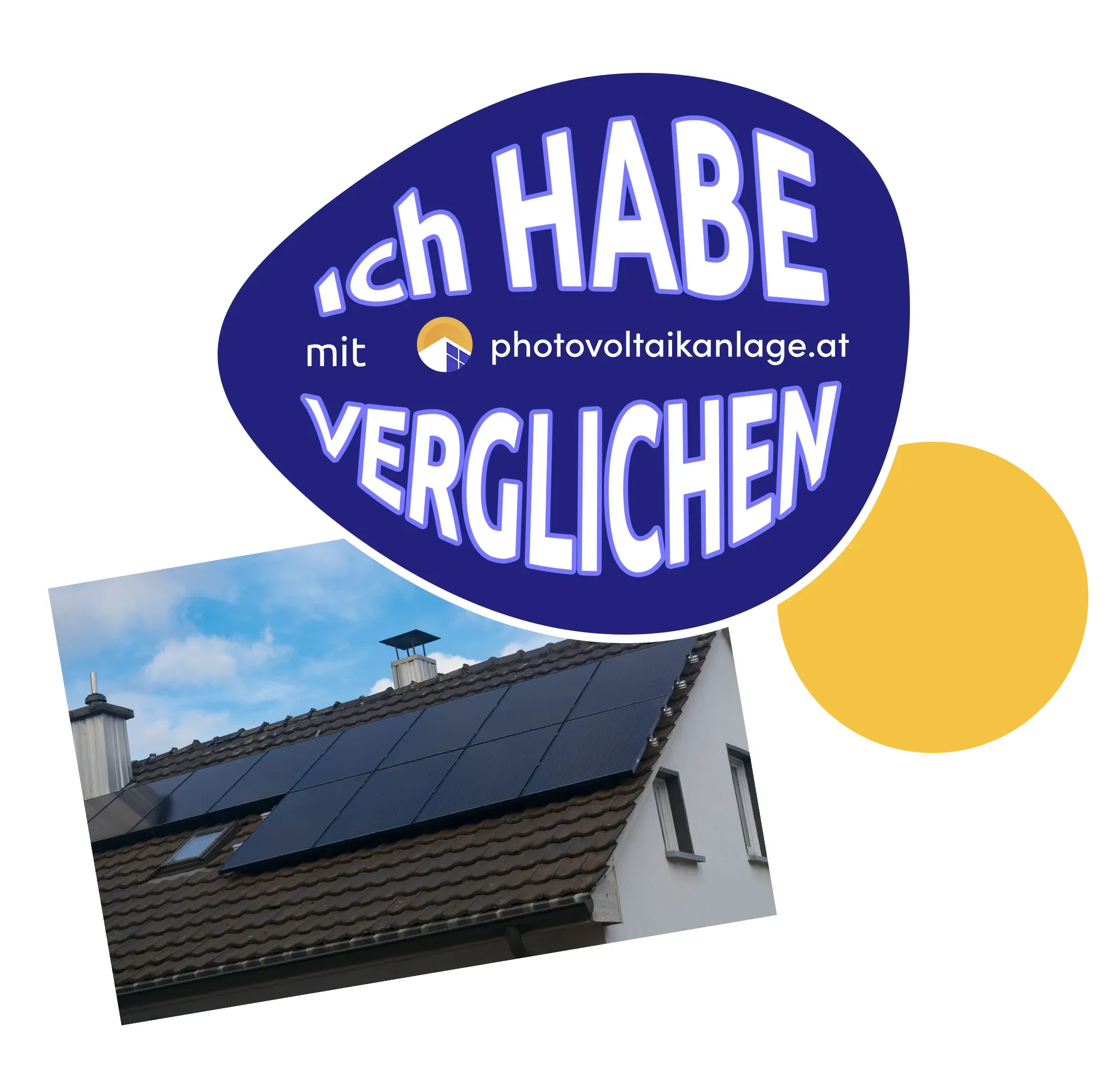Solar panels on a house roof with a promotional text badge.