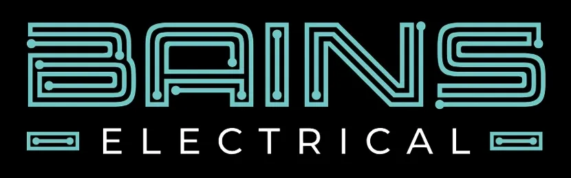Bains Electrical neon sign with cyan lettering on black background.