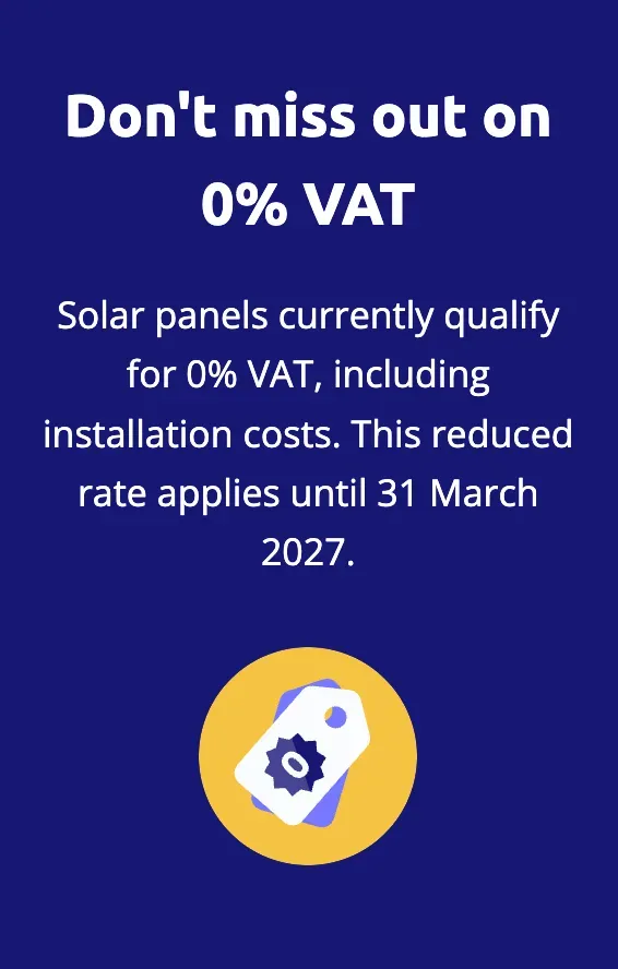 Promotional banner advertising 0% VAT on solar panels and installation until March 31, 2027.