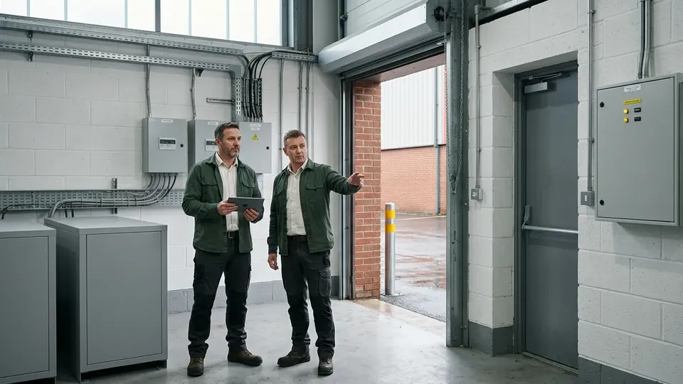 Two employees next to their battery storage system.