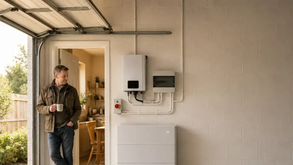 Man holding mug standing in garage doorway with battery storage system mounted on wall.