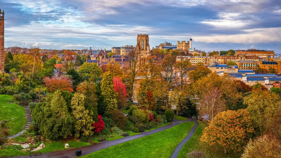 Autumn park with tree-lined paths overlooking Bristol cityscape and cathedral.
