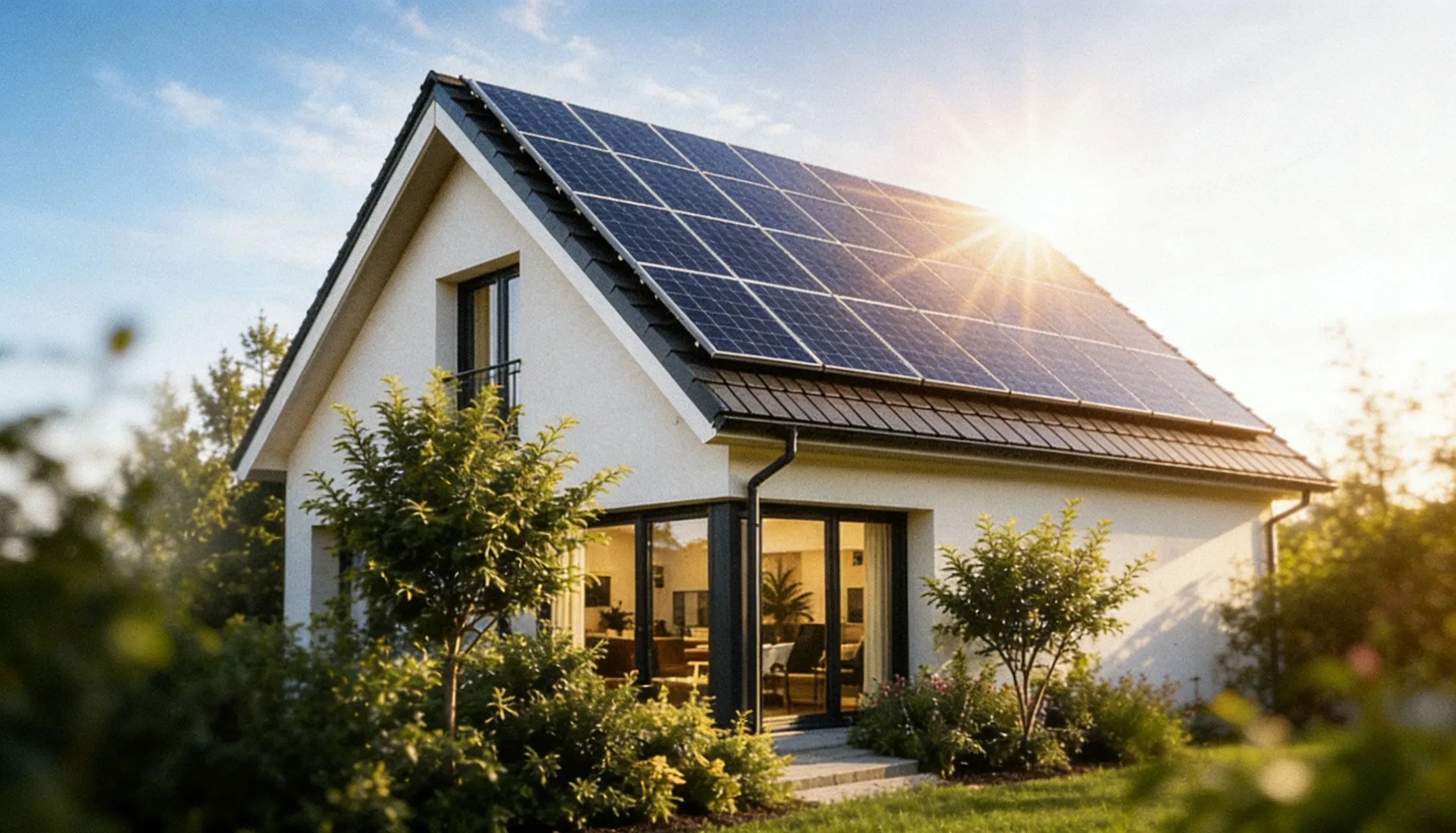 Pannelli solari che coprono il tetto di una casa alla luce del sole.