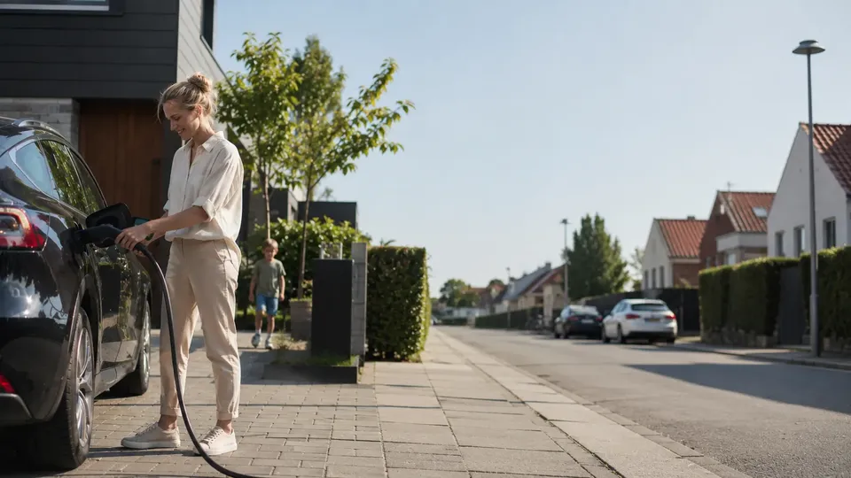 Kvinde oplader elektrisk køretøj på indkørsel hjemme.