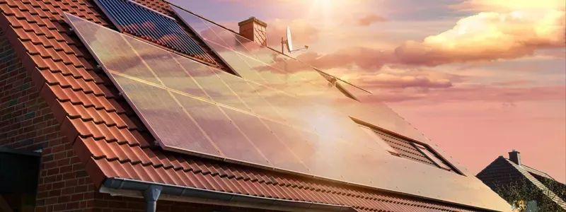 Solarpaneele auf dem Dach eines Backsteinhauses bei Sonnenuntergang.