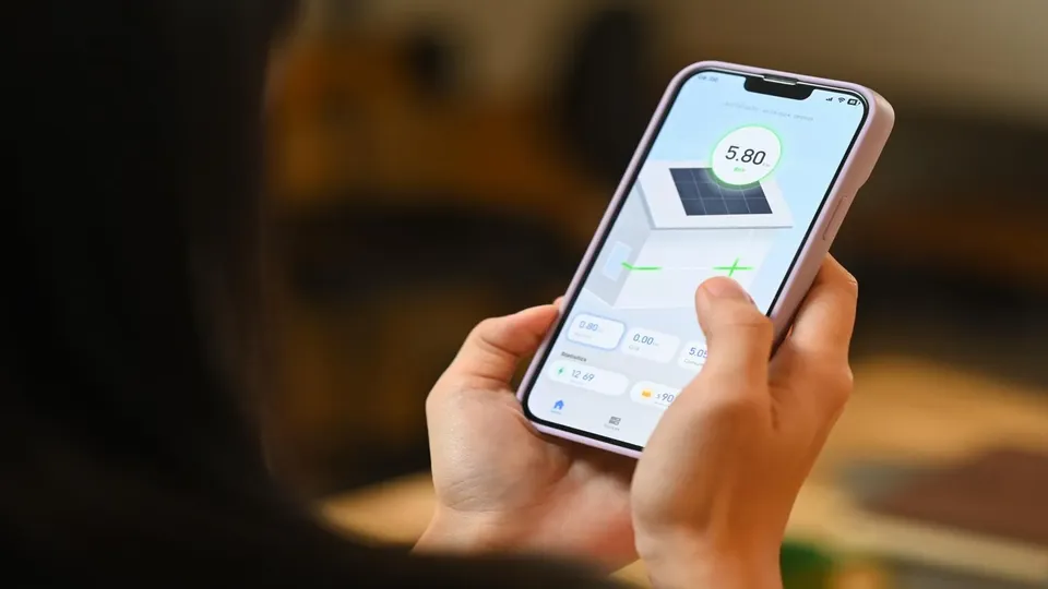Person hält Smartphone mit Solar-Energie-Überwachungs-App und 5,80-kWh-Anzeige.
