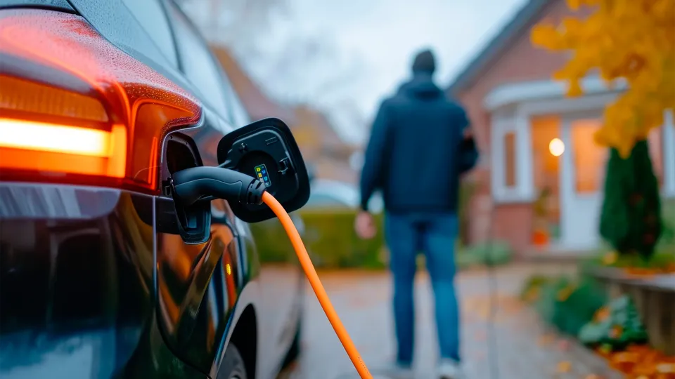 Elektrisk køretøj oplades hjemme med person i nærheden.