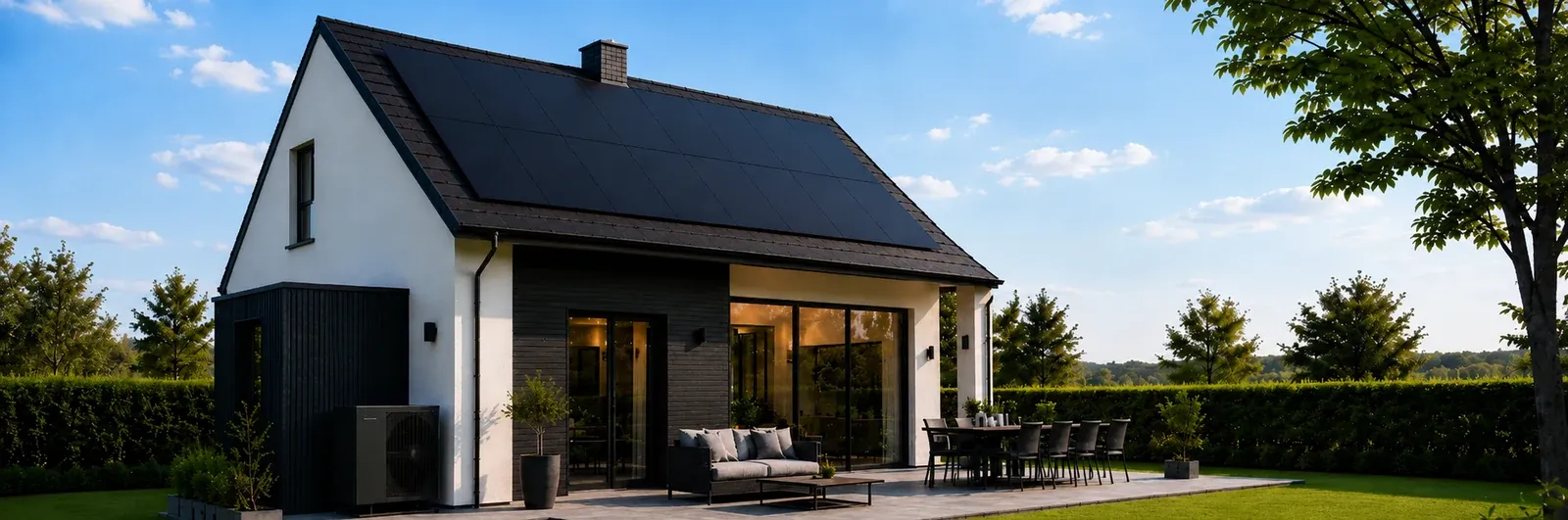 Moderne hus med solceller på taget og en varmepumpe udenfor.