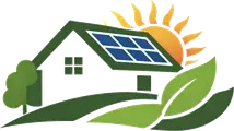 Logo med et hus, solpaneler og solstråler.
