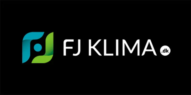 FJ Klima logo med blå-grønne og grønne geometriske former og tekst.