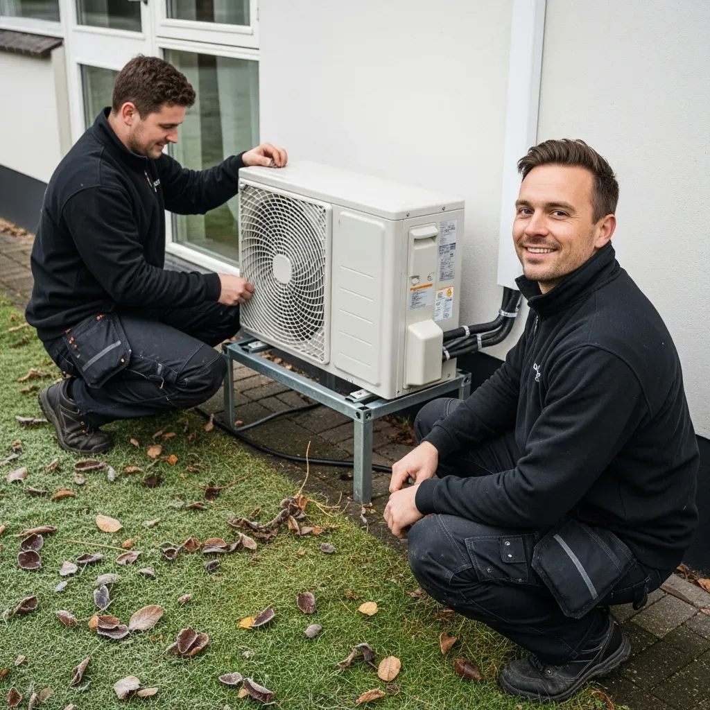 Two technicians working on an outdoor heat pump unit.
