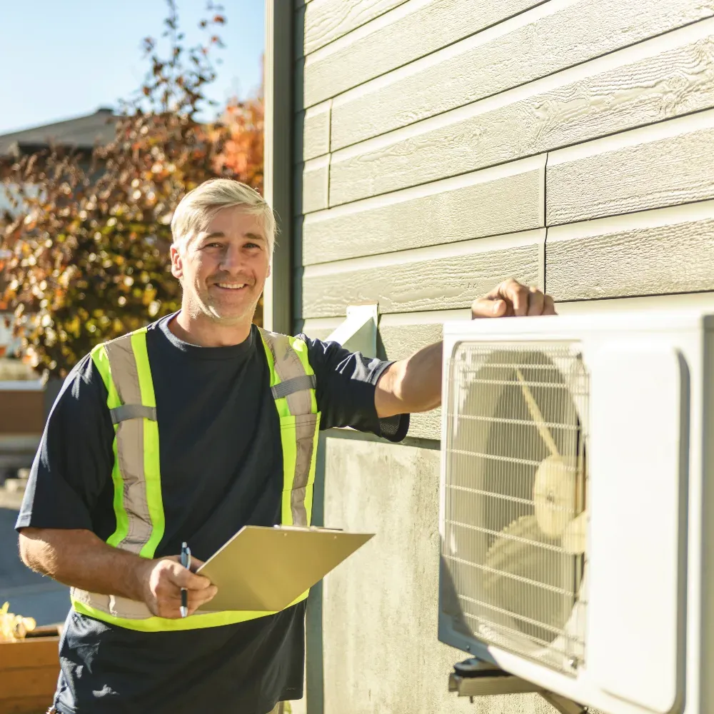 HVAC technician holding clipboard while inspecting outdoor heat pump unit.
