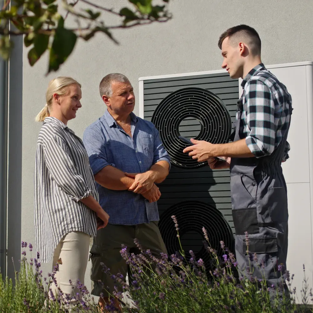 HVAC technician explaining heat pump system to homeowners.
