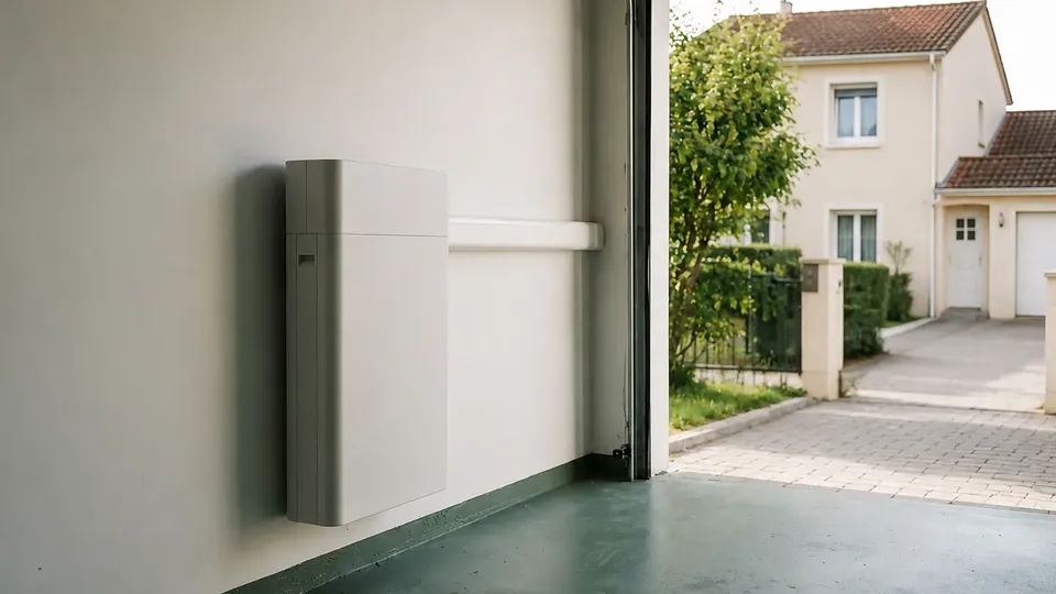 Batterie dans un garage avec une maison jaune
