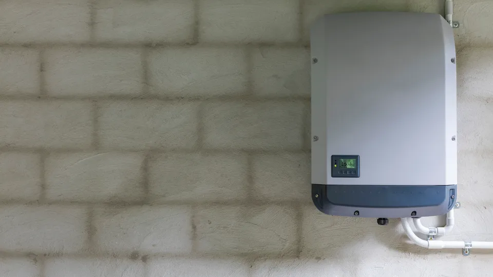 Solarwechselrichter an Betonwand montiert mit digitaler Anzeige.