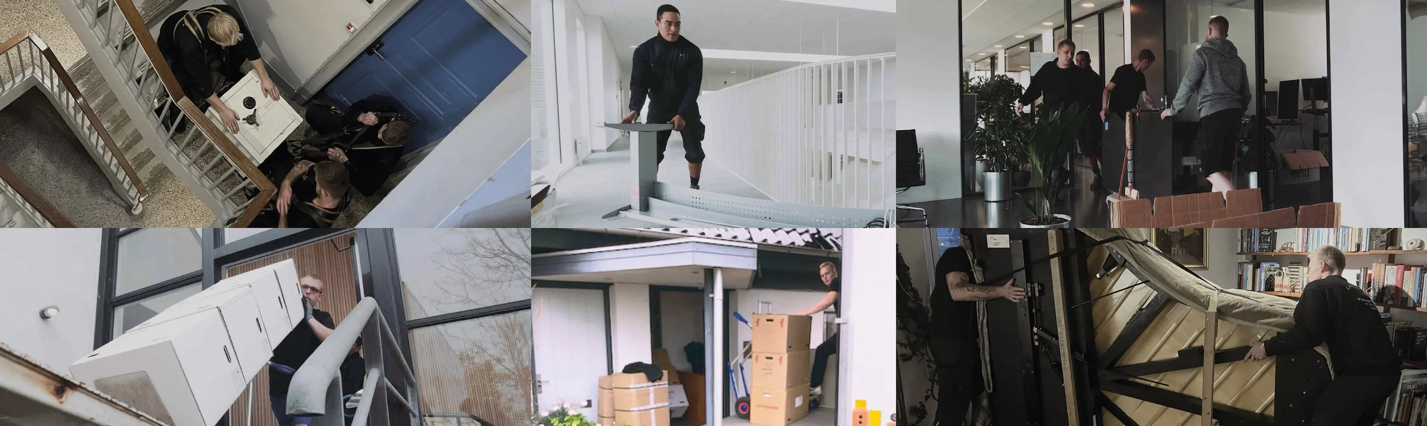 Mennesker flytter kasser og møbler under en kontorflytning.