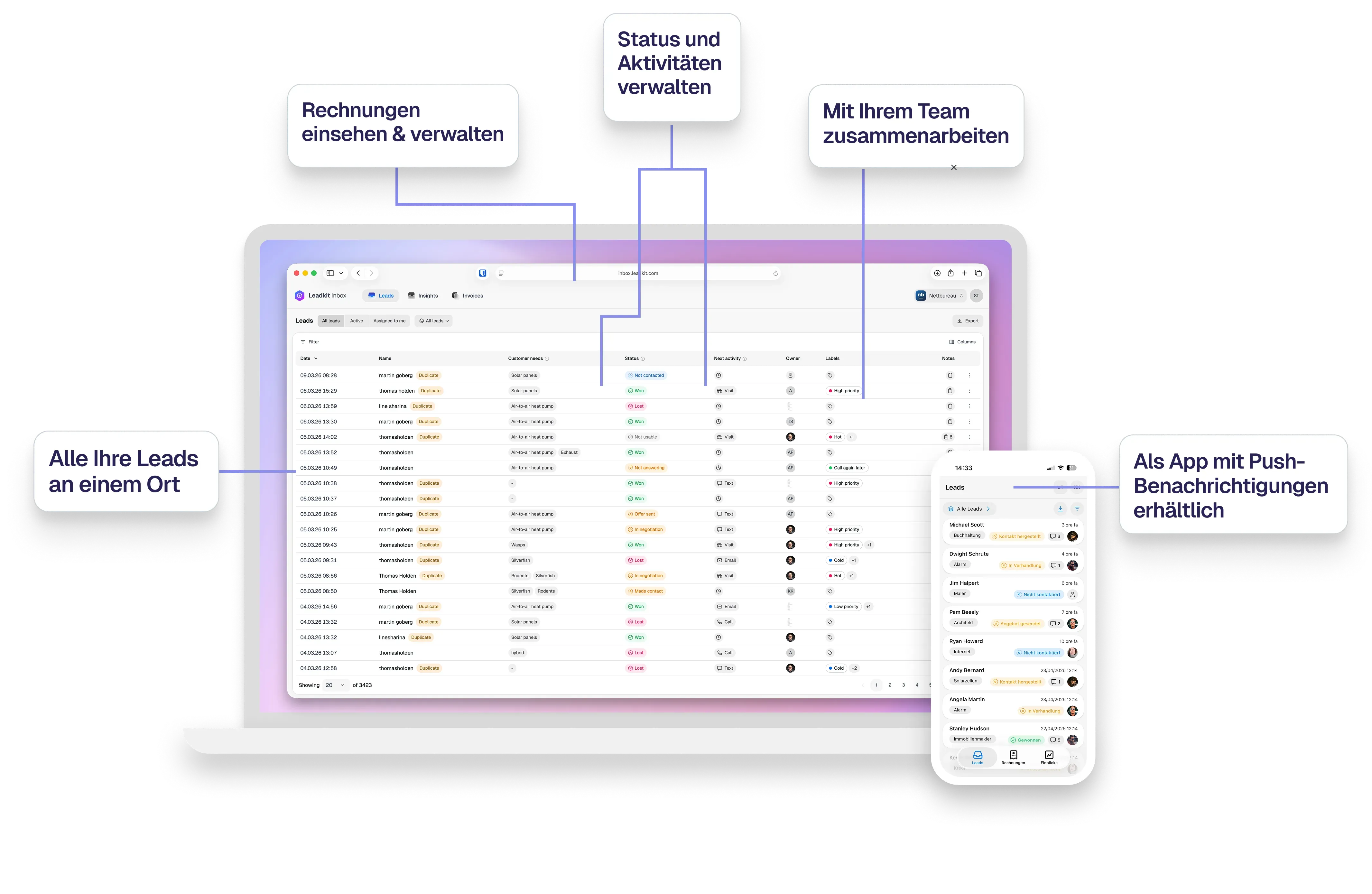 CRM dashboard displaying leads list with status tracking, team collaboration features, and mobile app push notifications.