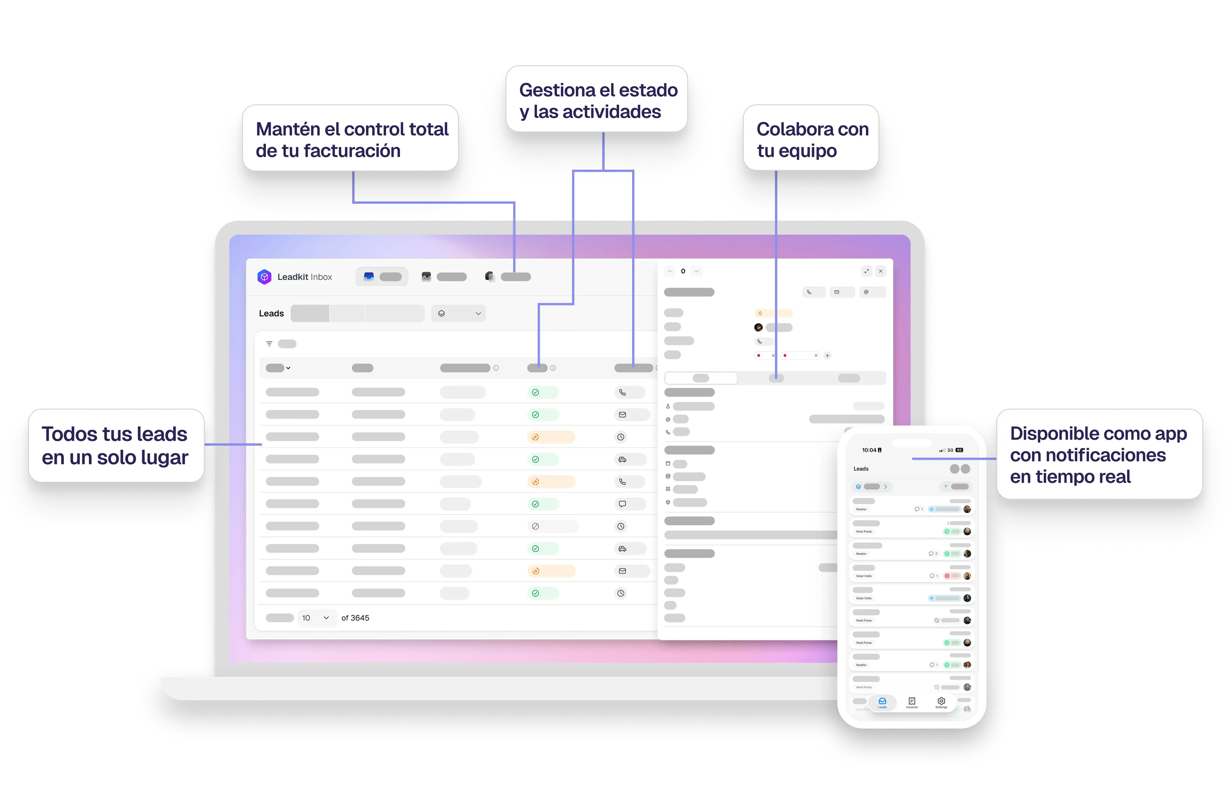 Interfaz de plataforma Leadkit mostrando panel de gestión de leads en escritorio con aplicación móvil mostrando notifica.
