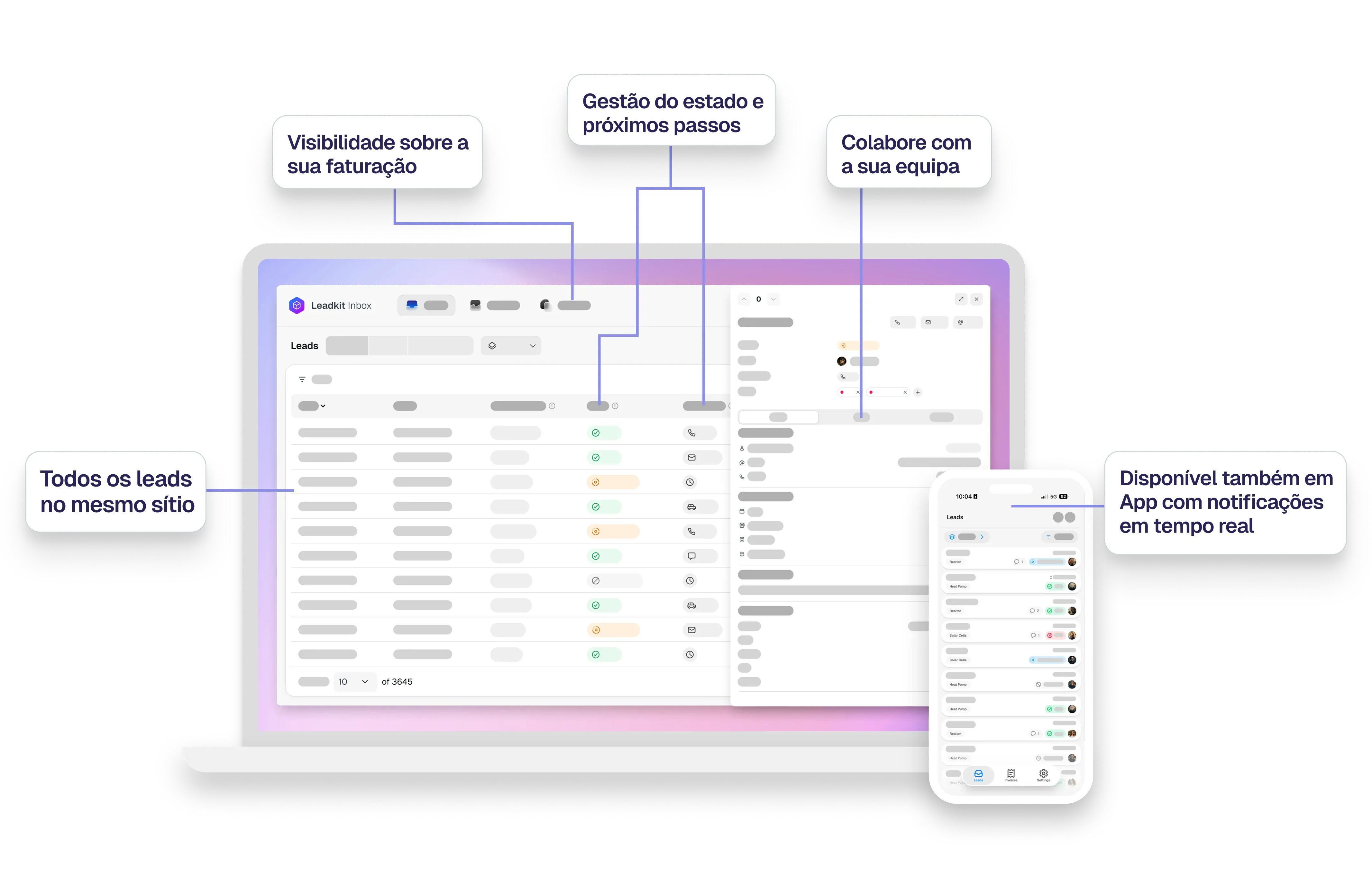 Interface da plataforma Leadkit mostrando painel de gestão de leads no desktop e aplicação móvel com notificações em tem.