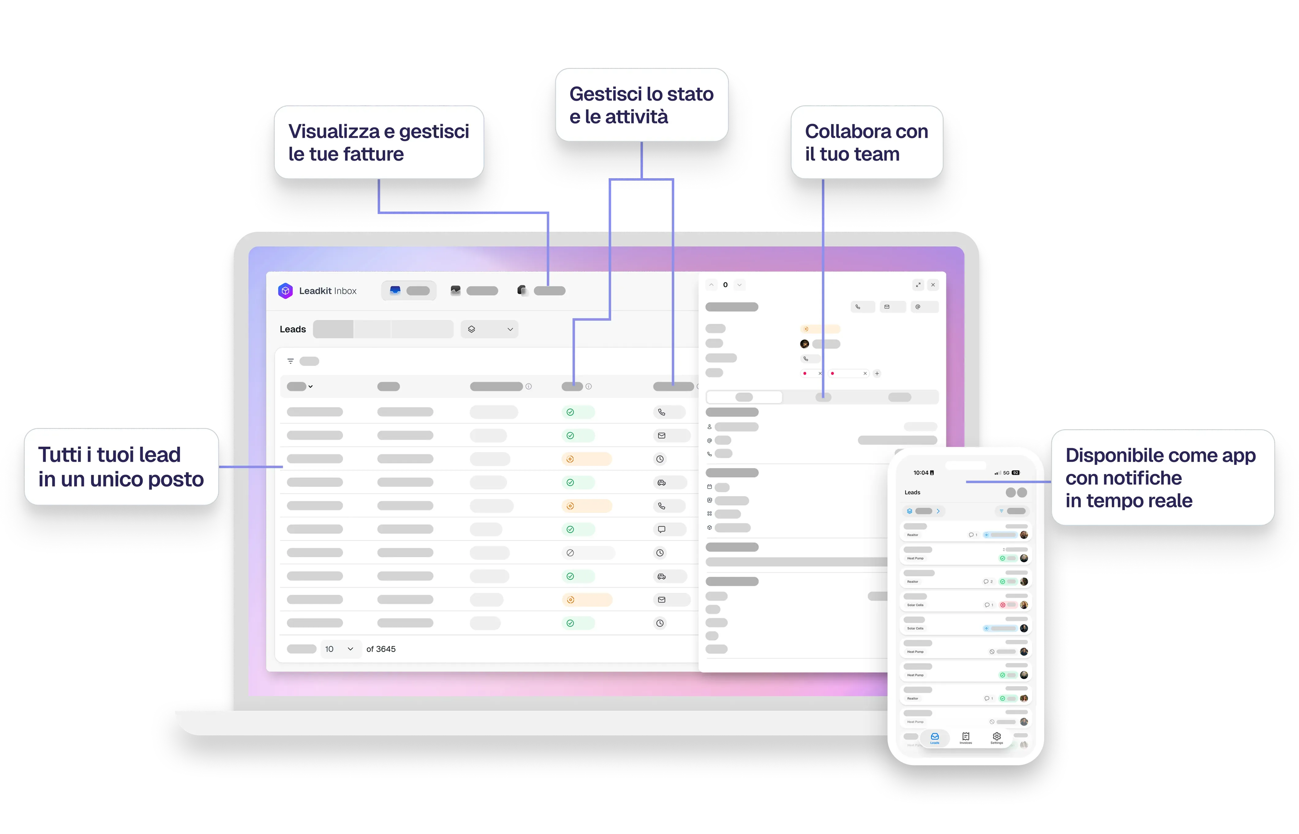 Dashboard CRM con elenco lead su laptop e app mobile che mostra notifiche in tempo reale.