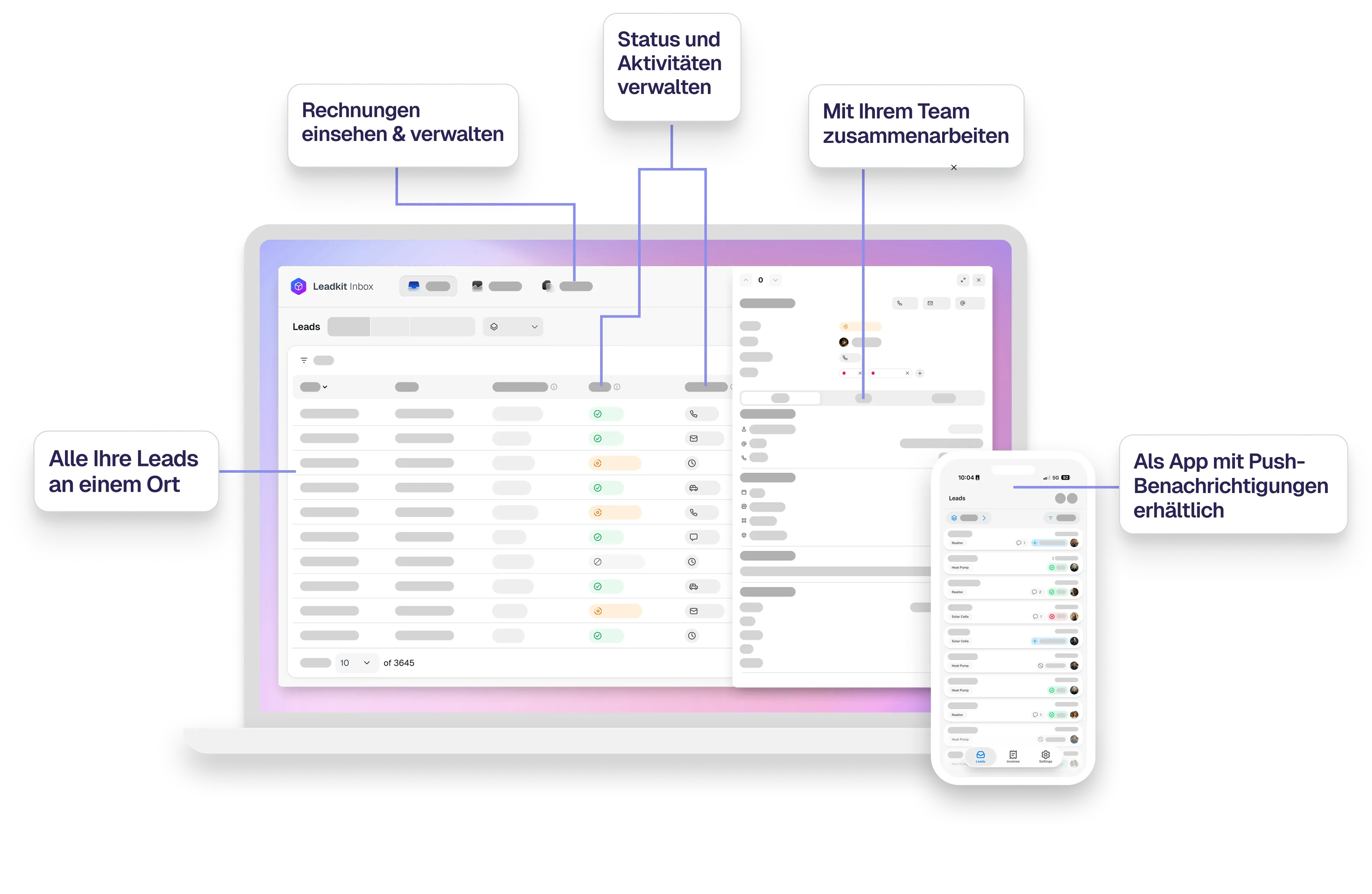 Abstrahierte Leadkit Inbox-Oberfläche mit Lead-Übersicht auf Desktop und als App.