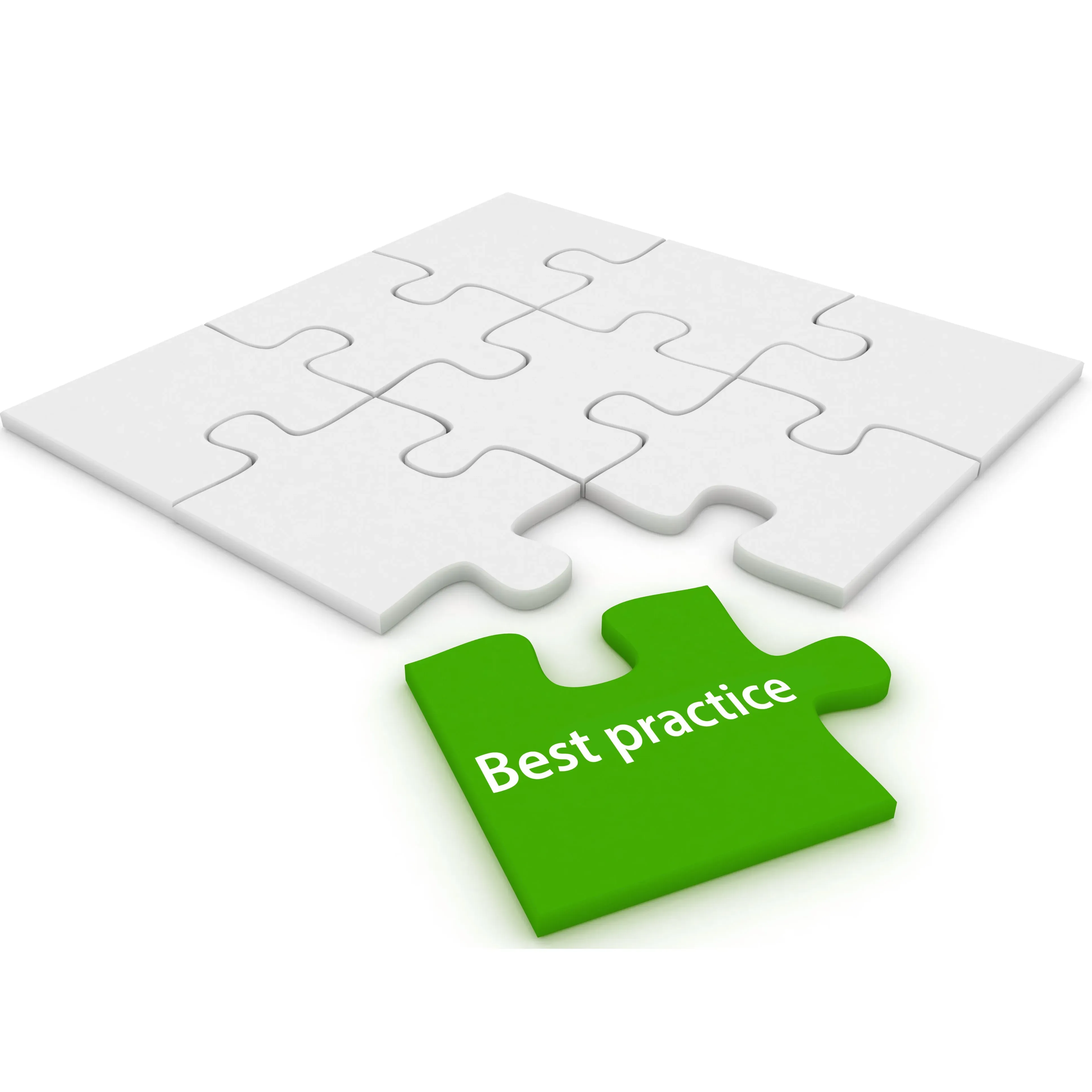 Grünes Puzzleteil mit Beschriftung Best practice separat von weißen Puzzleteilen positioniert.
