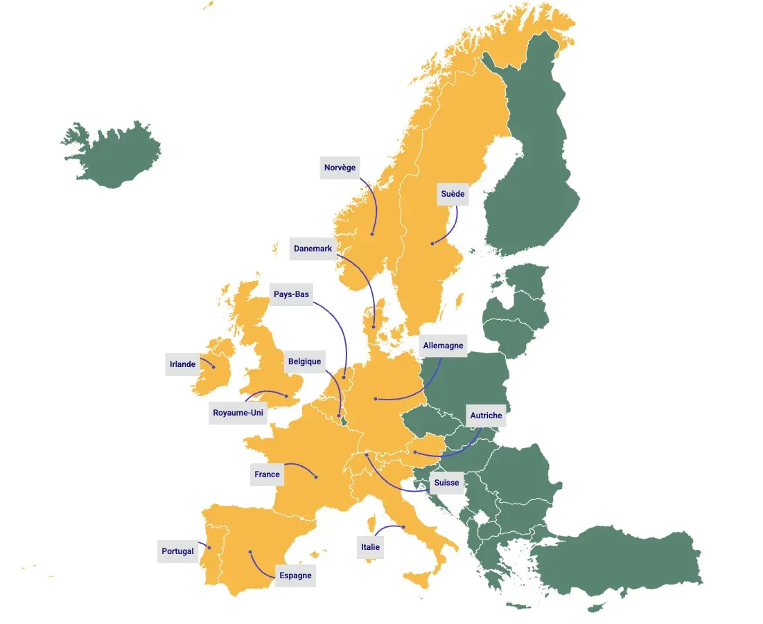 Une carte de l'Europe avec les pays dans lesquels Nettbureau a des services