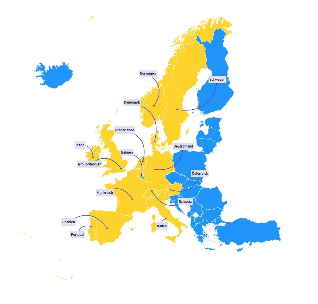 Europakarte mit blau und gelb gefärbten Ländern und Pfeilen, die Verbindungen zwischen ihnen anzeigen.
