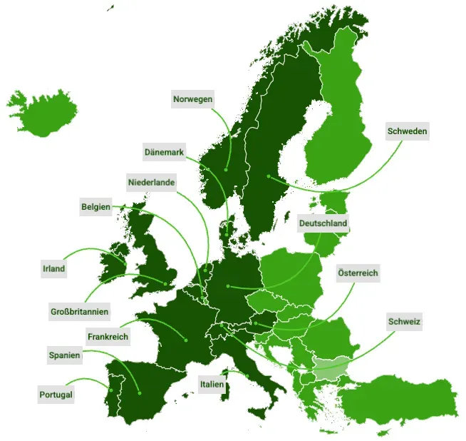Landkarte Europas mit hervorgehobenen Ländern, die zeigt, in welchen Märkten Nettbureau aktiv ist: Norwegen, Schweden, Dänemark, Niederlande, Belgien, Irland, Großbritannien, Frankreich, Portugal, Spanien, Italien, Deutschland, Österreich und die Schweiz.