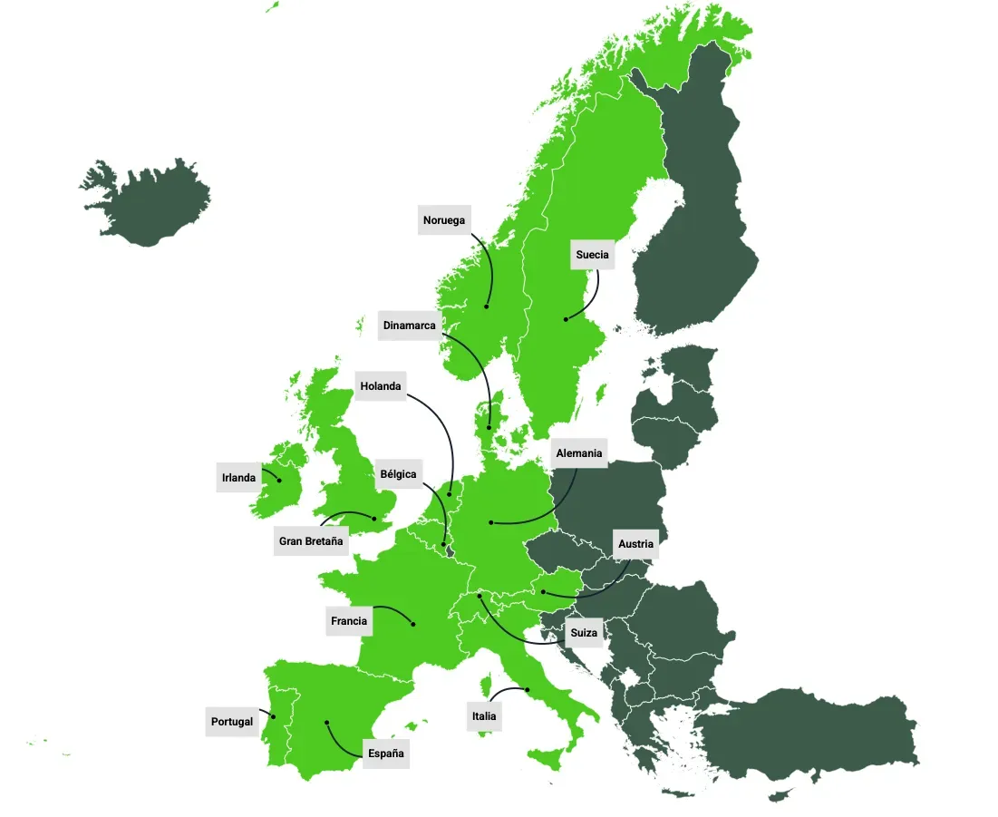 Mapa de Europa mostrando países coloreados en verde y verde oscuro con flechas indicando rutas de migración.