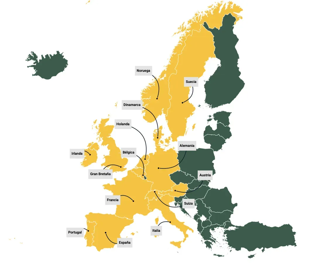 Mapa de Europa mostrando países coloreados en amarillo y verde oscuro con flechas indicando conexiones entre ellos.