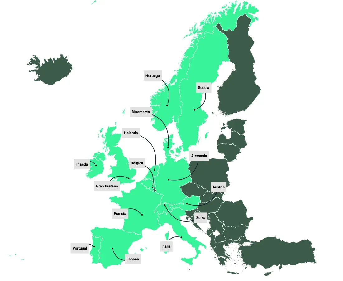 Mapa de Europa mostrando países en verde y verde oscuro con flechas indicando rutas comerciales o migratorias entre naci.