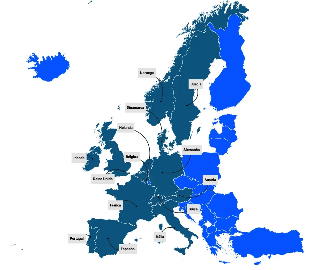 Mapa da Europa mostrando países em azul-petróleo e azul brilhante com nomes de países e linhas de conexão.