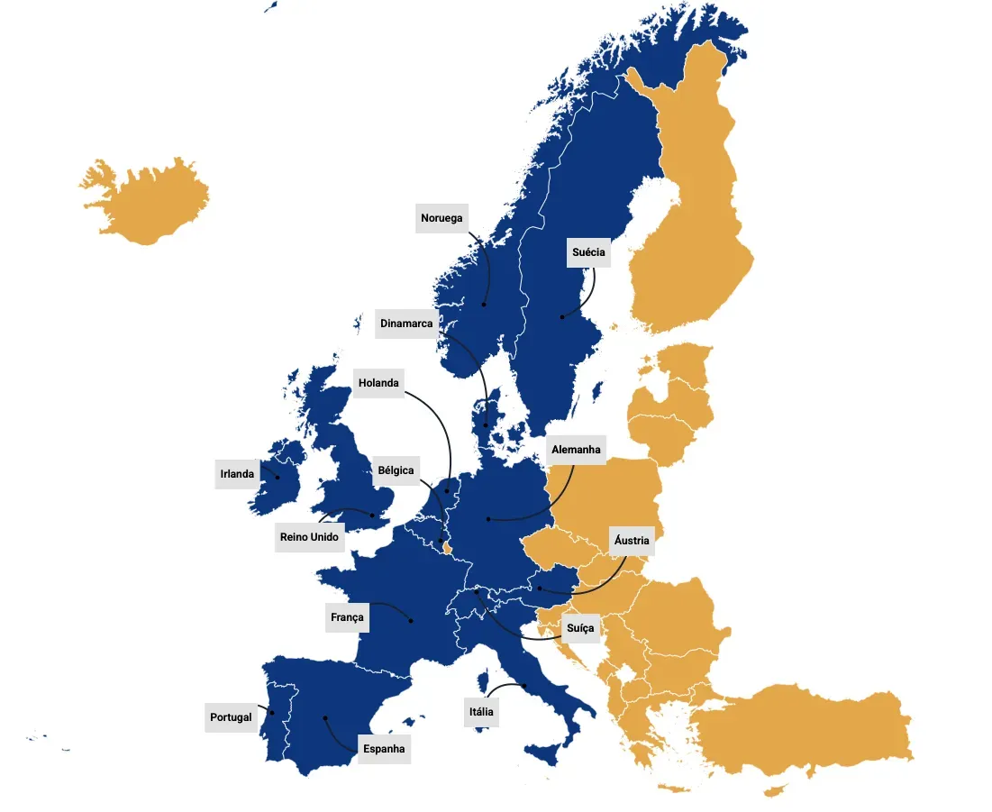 Mapa da Europa mostrando estados membros da UE em azul escuro e países não membros em ouro.