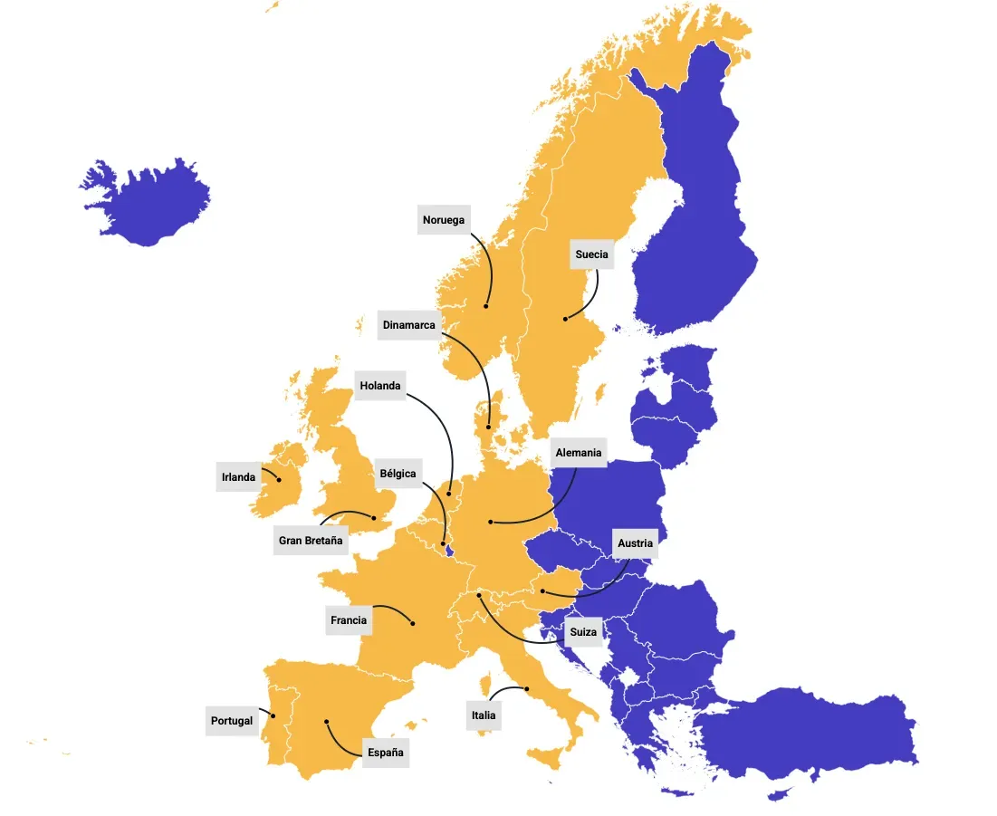 Mapa de Europa que muestra países coloreados en azul y dorado con flechas que indican conexiones entre naciones.
