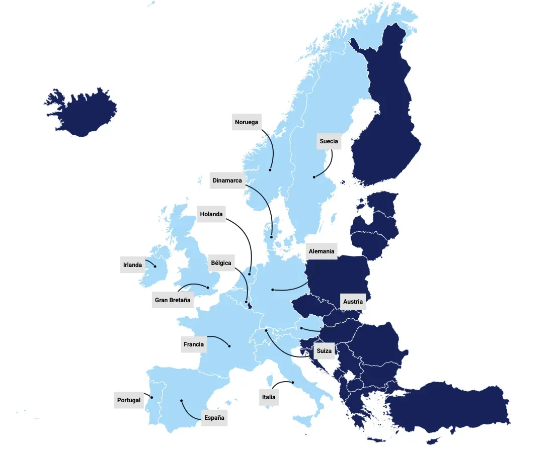 Mapa de Europa mostrando países resaltados en azul oscuro con flechas indicando conexiones entre naciones de Europa Occidental.