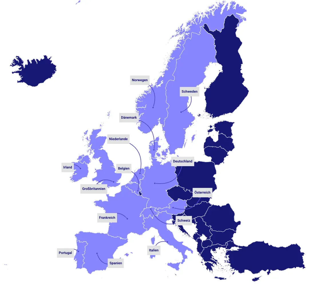 Europakarte mit Ländern in zwei Blautönen, die zeigen in welchen Ländern Nettbureau aktiv ist.