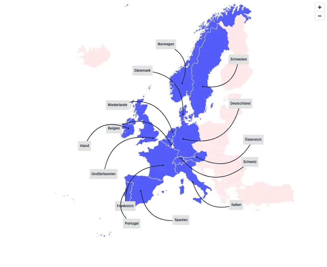 Karte Europas mit beschrifteten Ländern, die durch geschwungene Linien mit ihren Standorten verbunden sind.