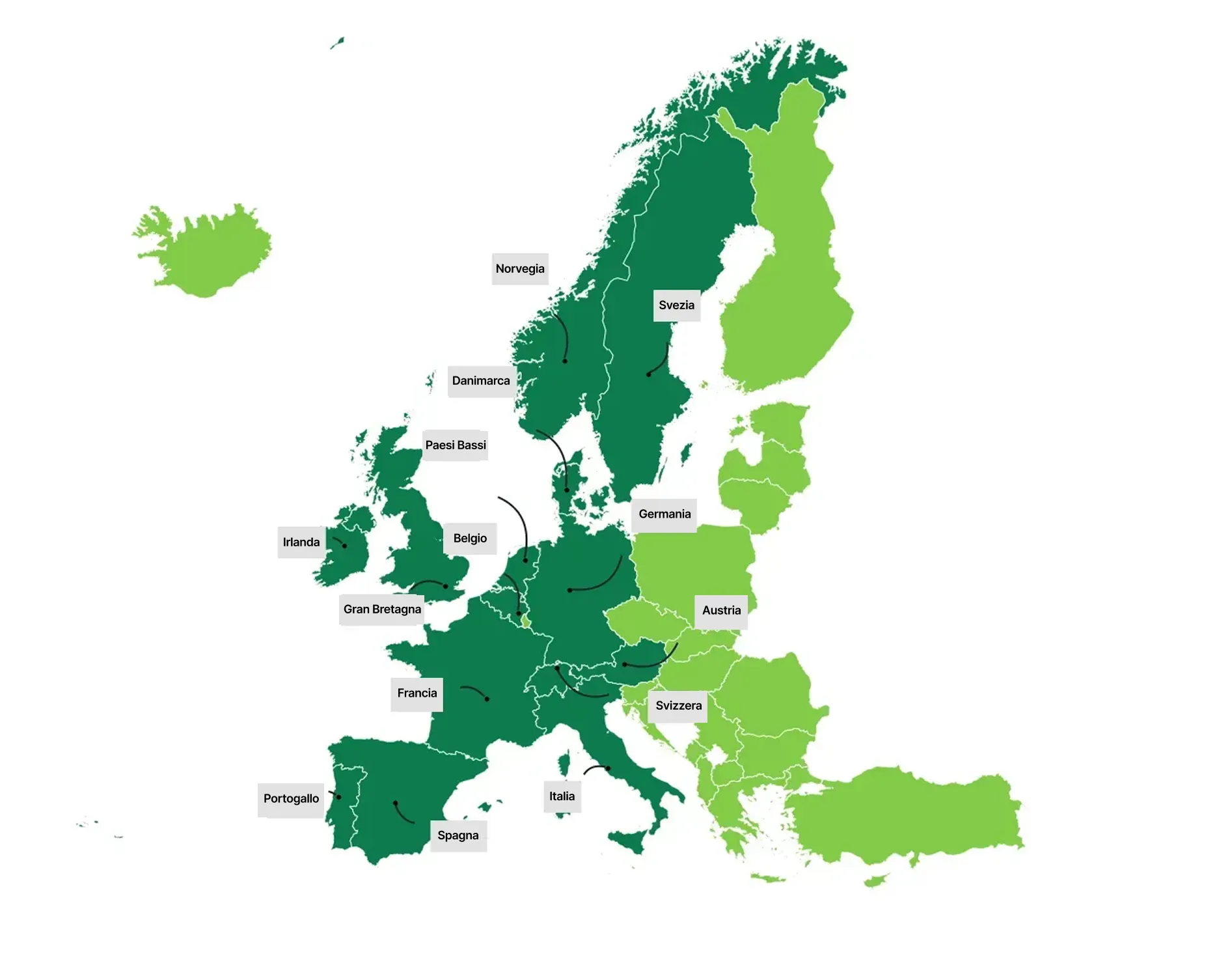 Mappa dell'Europa con paesi colorati in verde scuro e verde chiaro con nomi dei paesi etichettati.