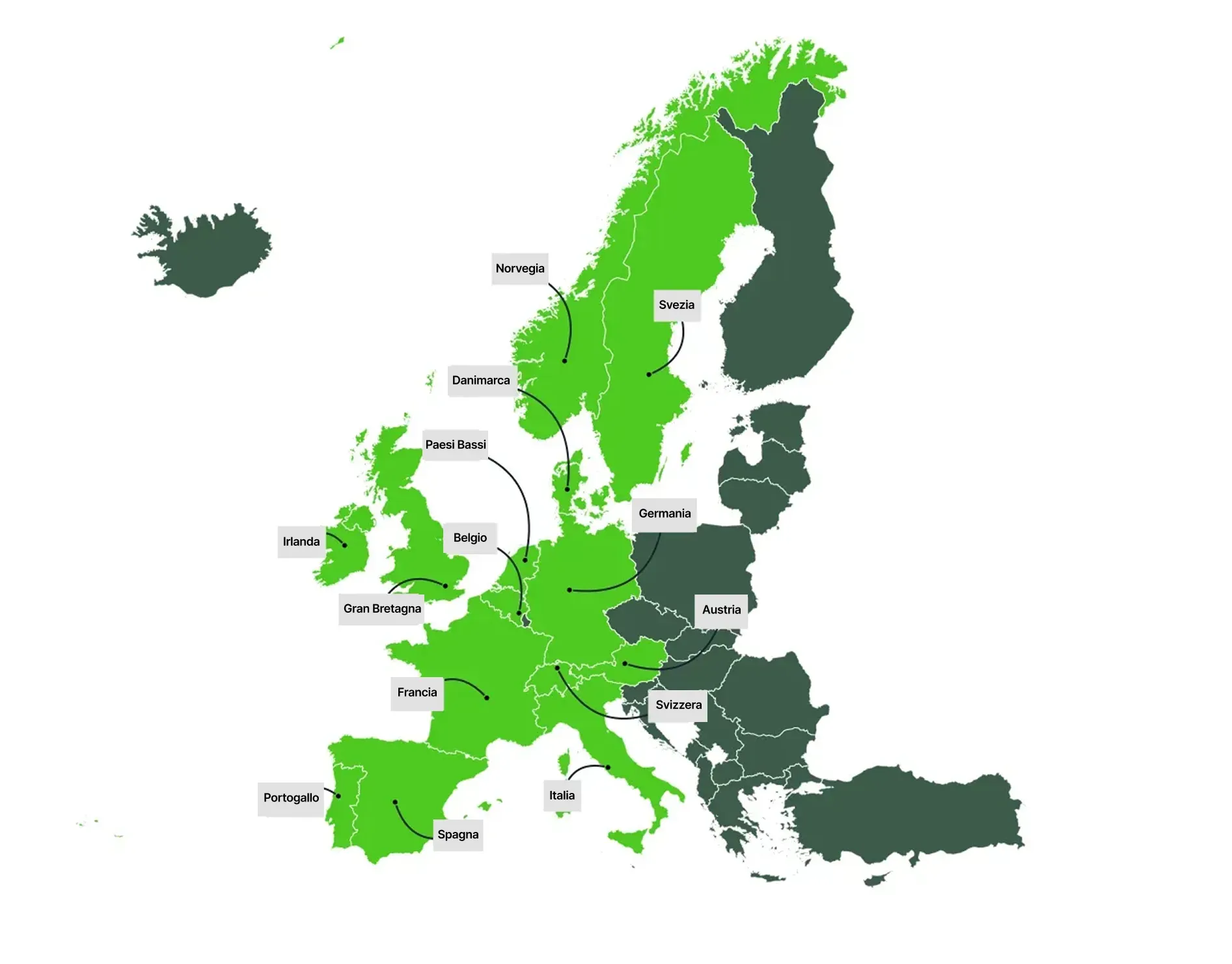 Mappa dell'Europa che mostra la presenza di Nettbureau nei Paesi europei